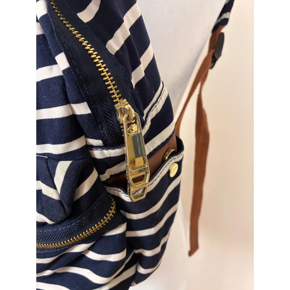Madden Girl Striped Canvas Backpack Navy White Gold Zip School Travel Bag